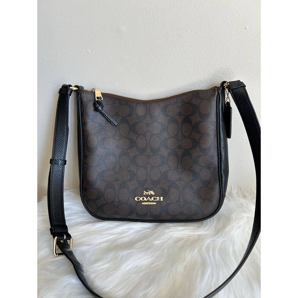 Coach File Brown Black Signature Canvas Leather Crossbody‎ Bag Excellent